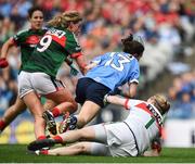 24 September 2017; Sinéad Aherne of Dublin collides with Yvonne Byrne of Mayo resulting in a penalty during the TG4 Ladies Football All-Ireland Senior Championship Final match between Dublin and Mayo at Croke Park in Dublin. Photo by Cody Glenn/Sportsfile