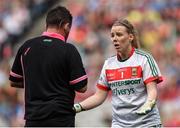 24 September 2017; Yvonne Byrne of Mayo appeals to referee Seamus Mulvihill resulting in a yellow card during the TG4 Ladies Football All-Ireland Senior Championship Final match between Dublin and Mayo at Croke Park in Dublin. Photo by Cody Glenn/Sportsfile