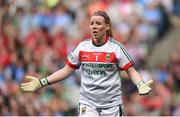 24 September 2017; Mayo goalkeeper Yvonne Byrne reacts after a collision with Sinéad Aherne of Dublin resulting in a yellow card during the TG4 Ladies Football All-Ireland Senior Championship Final match between Dublin and Mayo at Croke Park in Dublin. Photo by Cody Glenn/Sportsfile