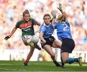 24 September 2017; Sarah Rowe of Mayo has her shot blocked by Lauren Magee and Martha Byrne of Dublin during the TG4 Ladies Football All-Ireland Senior Championship Final match between Dublin and Mayo at Croke Park in Dublin. Photo by Cody Glenn/Sportsfile