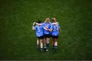 24 September 2017; Sinéad Finnegan is aided by her Dublin team-mates Sinéad Goldrick, left, and Sarah McCaffrey, right, to join the celebrations following the TG4 Ladies Football All-Ireland Senior Championship Final match between Dublin and Mayo at Croke Park in Dublin. Photo by Stephen McCarthy/Sportsfile