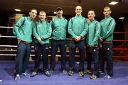 10 July 2012; Team Ireland boxing members, from left to right, Michael Conlon, Paddy Barnes, coach Pete Taylor, Darren O'Neill, John Joe Nevin and Adam Nolan after a press conference ahead of the London 2012 Olympic Games. Team Ireland Boxing press conference, National Stadium, South Circular Road, Dublin. Picture credit: David Maher / SPORTSFILE