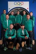 10 July 2012; Team Ireland boxing members, front row, Billy Walsh, coach, left, and Pete Taylor, coach, centre row, Des Donnelly, team manager, left, and Zaur Anita, coach, and back row, left to right, Darren O'Neill, Paddy Barnes, Michael Conlon, Adam Nolan and John Joe Nevin after a press conference ahead of the London 2012 Olympic Games. Team Ireland Boxing press conference, National Stadium, South Circular Road, Dublin. Picture credit: David Maher / SPORTSFILE