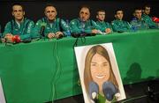 10 July 2012; Team Ireland boxing members, from left to right Darren O'Neill, Billy Walsh, coach, Zaur Anita, coach, Paddy Barnes, Michael Conlon, John Joe Nevin and Adam Nolan, during a press conference with a painting of Katie Taylor ahead of the London 2012 Olympic Games. Team Ireland Boxing press conference, National Stadium, South Circular Road, Dublin. Picture credit: David Maher / SPORTSFILE