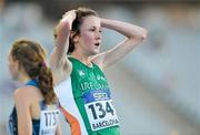 10 July 2012; Sarah Collins, 1345, Ireland, reacts after the Women's 3000m, where she finished in 13th place. IAAF World Junior Athletics Championships, Montjuïc Olympic Stadium, Barcelona, Spain. Picture credit: Brendan Moran / SPORTSFILE
