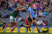 24 September 2017; Sarah McCaffrey of Dublin scores her side's second goal despite the best efforts of Fiona Doherty of Mayo during the TG4 Ladies Football All-Ireland Senior Championship Final match between Dublin and Mayo at Croke Park in Dublin. Photo by Brendan Moran/Sportsfile