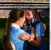 24 September 2017; Sinéad Goldrick of Dublin, right, celebrates with team-mate Hannah O'Neill following the TG4 Ladies Football All-Ireland Senior Championship Final match between Dublin and Mayo at Croke Park in Dublin. Photo by Cody Glenn/Sportsfile