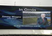 24 September 2017; A tribute to the late Jimmy Magee during the TG4 Ladies Football All-Ireland Senior Championship Final match between Dublin and Mayo at Croke Park in Dublin. Photo by Cody Glenn/Sportsfile