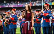 24 September 2017; Niamh McDowell, age 14, from Glasdrummond GAA Club, Co Down, sings the National Anthem during the TG4 Ladies Football All-Ireland Senior Championship Final match between Dublin and Mayo at Croke Park in Dublin. Photo by Cody Glenn/Sportsfile