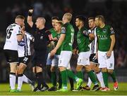 25 September 2017; Sean Hoare of Dundalk is shown a yellow card by referee Robert Rogers during the SSE Airtricity Premier Division match between Cork City and Dundalk at Turners Cross, in Cork. Photo by Eóin Noonan/Sportsfile