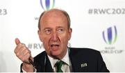 25 September 2017; Minister for Transport, Tourism and Sport Shane Ross during the Rugby World Cup 2023 Bid Presentations at he Royal Garden Hotel in London, England. Photo by Christopher Lee / World Rugby via Sportsfile