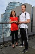 26 September 2017;  Marie Coady, Tax Partner PwC, presents Mayo's Andy Moran with his PwC GAA/GPA Player of the Month Award for August at a reception in PwC Offices, Dublin. Photo by Sam Barnes/Sportsfile