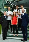 26 September 2017; Marie Coady, Tax Partner, PwC, Paraic Duffy, GAA Director General, far left, and Dermot Earley GPA Chief Executive, far right, are pictured with, from left, Mayo’s Andy Moran, Waterford’s Jamie Barron and Galway Hurler Conor Cooney at the announcement of July and August’s PwC GAA/GPA Player of the Month Awards at a reception in PwC Offices, Dublin. Photo by Sam Barnes/Sportsfile