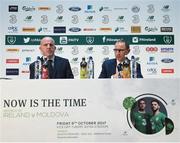 26 September 2017; Republic of Ireland manager Martin O'Neill, right, with FAI Director of Communications Ian Mallon during a press conference at the Aviva HQ in Hatch Street Upper, Dublin. Photo by Seb Daly/Sportsfile