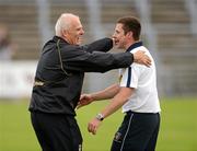14 July 2012; Antrim manager Liam Bradley, left, celebrates with assistant manager Gearoid Adams at the final whistle. GAA Football All-Ireland Senior Championship Qualifier, Round 2, Antrim v Galway, Casement Park, Belfast, Co. Antrim. Picture credit: Oliver McVeigh / SPORTSFILE