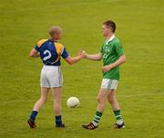 14 July 2012; Dermot Brady, Longford, and Seamus O'Carroll, Limerick, shake hands after the game. GAA Football All-Ireland Senior Championship Qualifier, Round 2, Longford v Limerick, Glennon Brothers Pearse Park, Longford. Picture credit: Ray McManus / SPORTSFILE