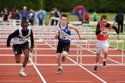 14 July 2012; Kaladay Abidon, Donore Harriers A.C., Dublin, left, with James Jennings, Claremorris A.C., Co. Mayo, center, and Cathal Farrell, Edenderry A.C., Co. Offaly, in action during the Boy's Under-13 60m Hurdles event. Woodie’s DIY Juvenile Track and Field Championships of Ireland, Tullamore Harriers Stadium, Tullamore, Co. Offaly. Picture credit: Tomas Greally / SPORTSFILE