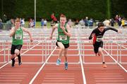 14 July 2012; Eventual winner Shane Mooney, Tireragh A.C., Co. Sligo, with second place David McDonald, Menapians A.C., Co. Wexford, right, and third place Luke Morris, Newbridge A.C., Co. Kildare, left, in action during the Boy's Under-14 75m Hurdles event. Woodie’s DIY Juvenile Track and Field Championships of Ireland, Tullamore Harriers Stadium, Tullamore, Co. Offaly. Picture credit: Tomas Greally / SPORTSFILE