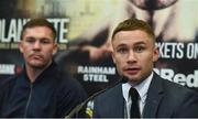 27 September 2017; Carl Frampton, right, and trainer Jamie Moore during a press conference to announce the Frampton Reborn Boxing Promotion by Frank Warren at the Ulster Hall in Belfast. Photo by Oliver McVeigh/Sportsfile