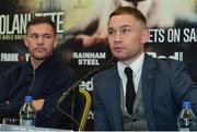 27 September 2017; Carl Frampton, right, and trainer Jamie Moore during a press conference to announce the Frampton Reborn Boxing Promotion by Frank Warren at the Ulster Hall in Belfast. Photo by Oliver McVeigh/Sportsfile