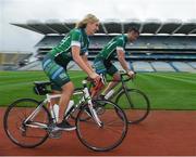 27 September 2017; A GAA staff group from Croke Park will embark on the 'Tour de Thurles' raising funds for the GAA's five official 2017 charities by cycling from headquarters to the birthplace of the Association. They will set off from Dublin 3 at 7.30 Thursday morning, 28th September, with an expected arrival time in Thurles of circa 5pm. The160 km route will take the group from the capital through Meath, Kildare, Laois and Kilkenny before finishing in Liberty Square outside Hayes Hotel, the site of the foundation of the GAA. At the announcement in Croke Park are cyclists Stacey Cannon, GAA Health and Well-Being Coordinator and former Kildare ladies footballer and Kevin Sexton, GAA Ticketing and Training Executive. Photo by Cody Glenn/Sportsfile
