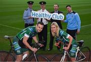 27 September 2017; A GAA staff group from Croke Park will embark on the 'Tour de Thurles' raising funds for the GAA's five official 2017 charities by cycling from headquarters to the birthplace of the Association. They will set off from Dublin 3 at 7.30 Thursday morning, 28th September, with an expected arrival time in Thurles of circa 5pm. The160 km route will take the group from the capital through Meath, Kildare, Laois and Kilkenny before finishing in Liberty Square outside Hayes Hotel, the site of the foundation of the GAA. At the announcement in Croke Park are cyclists Kevin Sexton, front left, GAA Ticketing and Training Executive, and Stacey Cannon, front right, GAA Health and Well-Being Coordinator and former Kildare ladies footballer, joined by, from left, Community Garda Mark Higgins, Ballymun Station, Mark Curran, Chief Garda Superintendent, Ballymun Station, Peter Minchin, Community & Branch Fundraising Coordinator Cystic Fibrosis Ireland, and David Treacy, GAA Commercial and Sponsorship Account Manager and Dublin senior hurler. Photo by Cody Glenn/Sportsfile