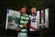 27 September 2017; EA SPORTS™ celebrates 10 years of SSE Airtricity League action with the return of the FIFA 18 Club packs! Featuring the individual club crest of all 12 Premier Division teams, Irish fans from across the country can show their support and download the special sleeve for free when the game launches this Friday 29th September from www.easports.com/uk/fifa/club-packs-17/league-of-ireland . Pictured at the launch of FIFA 18 Club packs at the Iveagh Gardens in Dublin is Ronan Finn of Shamrock Rovers and Sean Hoare of Dundalk. Photo by Stephen McCarthy/Sportsfile