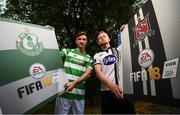 27 September 2017; EA SPORTS™ celebrates 10 years of SSE Airtricity League action with the return of the FIFA 18 Club packs! Featuring the individual club crest of all 12 Premier Division teams, Irish fans from across the country can show their support and download the special sleeve for free when the game launches this Friday 29th September from www.easports.com/uk/fifa/club-packs-17/league-of-ireland . Pictured at the launch of FIFA 18 Club packs at the Iveagh Gardens in Dublin is Ronan Finn of Shamrock Rovers and Sean Hoare of Dundalk. Photo by Stephen McCarthy/Sportsfile