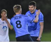 27 September 2017; Luka Lovic of UCD celebrates after scoring the first goal against Molde FK with team-mate Andrew O'Reilly,8, during the U19 UEFA Youth League First Round match between UCD and Molde FK at UCD Bowl in Belfield, Dublin. Photo by Matt Browne/Sportsfile