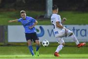27 September 2017; Sean McDonald of UCD scores the second goal against Molde FK past defender Leo Oestigaard during the U19 UEFA Youth League First Round match between UCD and Molde FK at UCD Bowl in Belfield, Dublin. Photo by Matt Browne/Sportsfile