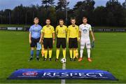 27 September 2017; Referee Iwan Arwel Griffith with from left Andrew O'Reilly captain of UCD, Johnathon Bryant and Aaron Wyn Jones assistant referees with Leo Oestigaard captain of Molde FK during the U19 UEFA Youth League First Round match between UCD and Molde FK at UCD Bowl in Belfield, Dublin. Photo by Matt Browne/Sportsfile