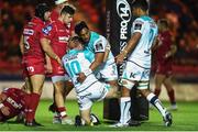 29 September 2017; Jack Carty, left, of Connacht celebrates with team-mate Bundee Aki after scoring his side's first try during the Guinness PRO14 Round 5 match between Scarlets and Connacht at Parc y Scarlets in Llannelli, Wales. Photo by Ben Evans/Sportsfile