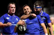 29 September 2017; Jamison Gibson-Park of Leinster celebrates with Fergus McFadden after scoring their side's third try during the Guinness PRO14 Round 5 match between Leinster and Edinburgh at the RDS Arena in Dublin. Photo by Brendan Moran/Sportsfile