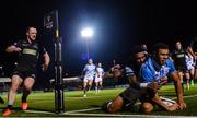 3 November 2017; Adam Byrne of Leinster scores his side's third try despite the tackle of Niko Matawalu of Glasgow Warriors during the Guinness PRO14 Round 8 match between Glasgow Warriors and Leinster at Scotstoun in Glasgow, Scotland. Photo by Ramsey Cardy/Sportsfile