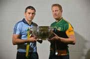 16 July 2012; Dublin footballer Alan Brogan, left, with former Meath footballer, and current Meath selector Graham Geraghty, hold the Delaney Cup, after a press conference ahead of their side's Leinster GAA Football Senior Championship Final on Sunday. Croke Park, Dublin. Picture credit: Barry Cregg / SPORTSFILE