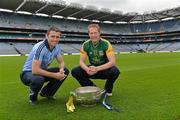 16 July 2012; Dublin footballer Alan Brogan, left, with former Meath footballer, and current Meath selector Graham Geraghty, with the Delaney Cup, after a press conference ahead of their side's Leinster GAA Football Senior Championship Final on Sunday. Croke Park, Dublin. Picture credit: Barry Cregg / SPORTSFILE