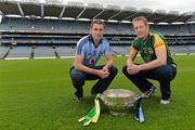 16 July 2012; Dublin footballer Alan Brogan, left, with former Meath footballer, and current Meath selector Graham Geraghty, with the Delaney Cup, after a press conference ahead of their side's Leinster GAA Football Senior Championship Final on Sunday. Croke Park, Dublin. Picture credit: Barry Cregg / SPORTSFILE