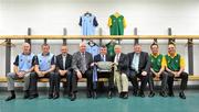 18 July 2012; Leinster GAA chairman Martin Skelly, centre, hold the Delaney Cup with former Dublin manager Paddy Cullen, left, and former Meath manager Sean Boylan, right, alongside, from left, former Dublin footballers Paul Clarke and Jack Sheedy, Leinster GAA treasurer Pat Toner, Leinster GAA PRO John Greene, former Meath footballers Bernard Flynn and David Beggy, at a photocall to celebrate the 21st anniversary of the 1991 Meath v Dublin matches. Representatives from both teams will be guests of the Leinster Council at the Leinster GAA Football Senior Championship Final on Sunday. Croke Park, Dublin. Picture credit: Barry Cregg / SPORTSFILE