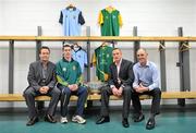 18 July 2012; Former Meath footballers Bernard Flynn, left, and David Beggy, right, with Meath minor captain Padraic Harnan, second from left, and manager Andy McEntee, with the Delaney Cup, at a photocall to celebrate the 21st anniversary of the 1991 Meath v Dublin matches. Representatives from both teams will be guests of the Leinster Council at the Leinster GAA Football Senior Championship Final on Sunday. Croke Park, Dublin. Picture credit: Barry Cregg / SPORTSFILE