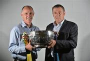 18 July 2012; Former Meath footballer David Beggy, left, and former Dublin footballer Jack Sheedy, with the Delaney Cup, at a photocall to celebrate the 21st anniversary of the 1991 Meath v Dublin matches. Representatives from both teams will be guests of the Leinster Council at the Leinster GAA Football Senior Championship Final on Sunday. Croke Park, Dublin. Picture credit: Barry Cregg / SPORTSFILE