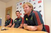 18 July 2012; Simon Mannix, backs coach, right, Rob Penney, head coach, centre, and Niall O'Donovan, team manager, left, who were introduced as the new Munster Rugby management team. Munster Rugby introduce new management personnel ahead of 2012/13 season, Cork Institute of Technology, Bishopstown, Cork. Picture credit: Diarmuid Greene / SPORTSFILE