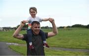 30 September 2017; Billy Lennon, age 3, and his father Paul Lennon, from Coolock, Co Dublin, celebrate as they finish the run. parkrun Ireland in partnership with Vhi, added their 79th event on Saturday, September 30th, with the introduction of the Darndale parkrun. parkruns take place over a 5km course weekly, are free to enter and are open to all ages and abilities, providing a fun and safe environment to enjoy exercise. To register for a parkrun near you visit www.parkrun.ie. New registrants should select their chosen event as their home location. You will then receive a personal barcode which acts as your free entry to any parkrun event worldwide. The Football Pavilion, Darndale, Dublin. Photo by Cody Glenn/Sportsfile