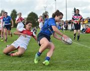 30 September 2017; Ciara Carbery of Leinster scores a try, during the U18 Interprovincial Series match between Leinster and Ulster at North Kildare RFC in Kilcock, Co Kildare. Photo by Matt Browne/Sportsfile