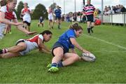 30 September 2017; Ciara Carbery of Leinster scores a try, during the U18 Interprovincial Series match between Leinster and Ulster at North Kildare RFC in Kilcock, Co Kildare. Photo by Matt Browne/Sportsfile