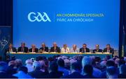 30 September 2017; The top table, from left, John Greene, GAA Trustee, Niall Erskine, GAA Trustee, Michael Hasson, Ulster GAA President, Jerry O'Sullivan, Munster GAA Chairman, Uachtarán Chumann Lúthchleas Gael Aogán Ó Fearghail, Ard Stiúrthóir Paráic Duffy, Uachtarán Tofa Chumann Lúthchleas Gael John Horan, Mick Rock, Connacht GAA President, Seán Hackett, Britain GAA President, and Jim Bolger, Leinster GAA Chairman, during a GAA Special Congress at Croke Park in Dublin. Photo by Piaras Ó Mídheach/Sportsfile