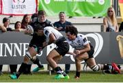 30 September 2017; Matty Rea of Ulster is tackled by Mattia Bellini and Tommaso Boni of Zebre Rugby Club during the Guinness PRO14 Round 5 match between Zebre and Ulster at Stadio Lanfranchi, in Parma, Italy. Photo by Roberto Bregani/Sportsfile