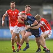 30 September 2017; Ross O'Brien of St. Judes in action against James Power, left, and Ross O'Brien of St. Judes during the Dublin County Senior Football Championship Quarter-Final match between Cuala and St Jude's at Parnell Park in Dublin. Photo by David Fitzgerald/Sportsfile