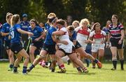 30 September 2017; Tamanika Millar of Ulster is tackled by Tess Meade and Judy Bobbet of Leinster during the U18 Interprovincial Series match between Leinster and Ulster at North Kildare RFC in Kilcock, Co Kildare. Photo by Matt Browne/Sportsfile