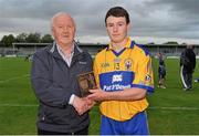 19 July 2012; David O'Halloran, Clare, is presented with the Bord Gáis Energy Man of the Match award by Robert Frost, Vice Chairman of the Munster Council. Bord Gáis Energy Munster GAA Hurling Under 21 Championship Semi-Final, Clare v Waterford, Cusack Park, Ennis, Co. Clare. Picture credit: Diarmuid Greene / SPORTSFILE