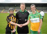 21 July 2012; Kilkenny captain Catherine Doherty and Offaly captain Elaine Dermody shake hands in front of referee Owen Elliot. All-Ireland Senior Camogie Championship Play-Off, Offaly v Kilkenny, St. Brendan's Park, Birr, Co. Offaly. Picture credit: Daire Brennan / SPORTSFILE